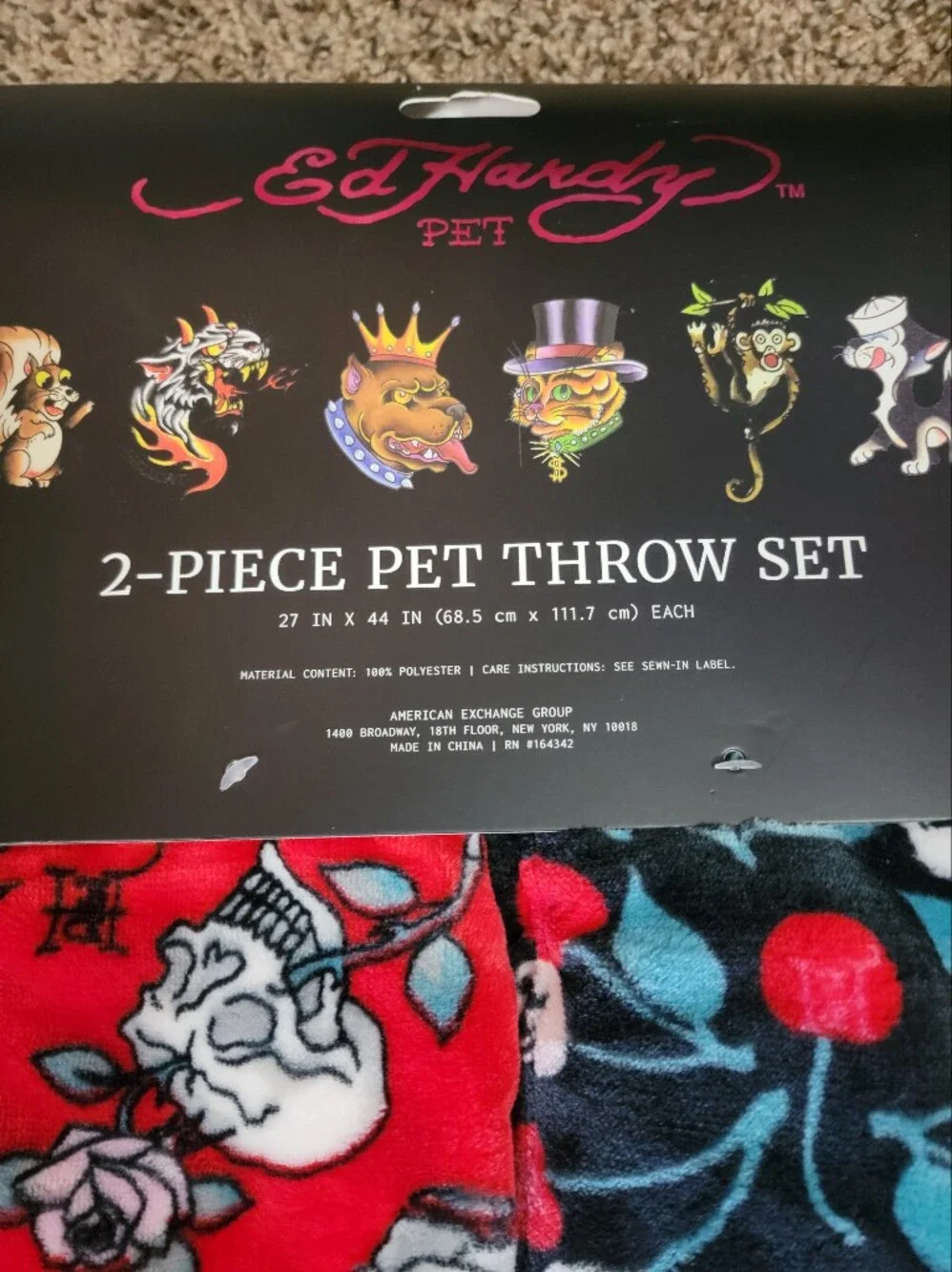 Ed Hardy Pet Dog Or Cat Blankets Throw Skull Cherries 2 Piece.. New!